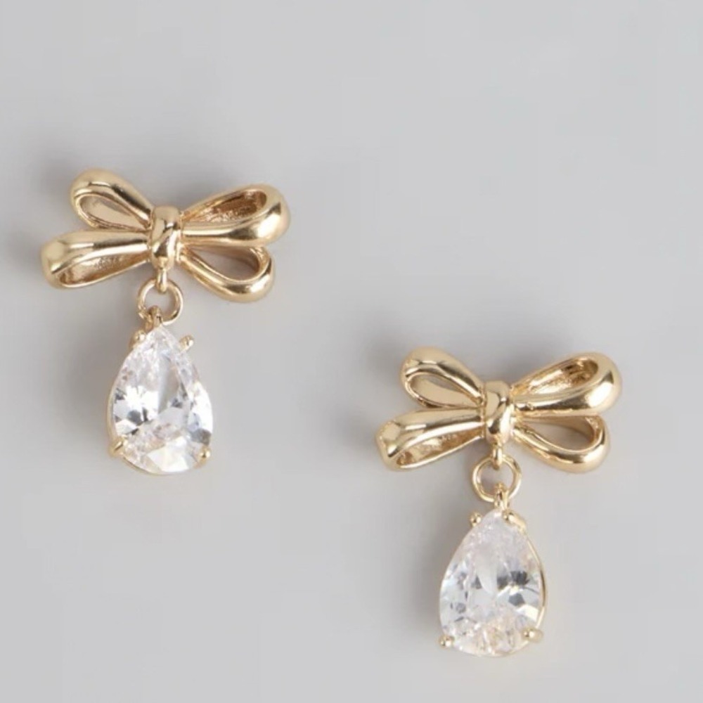 House of Harlow 1960 Chic Gold Bow Drop Earrings w/ White Cubic Zirconia Stone - Picture 2 of 4